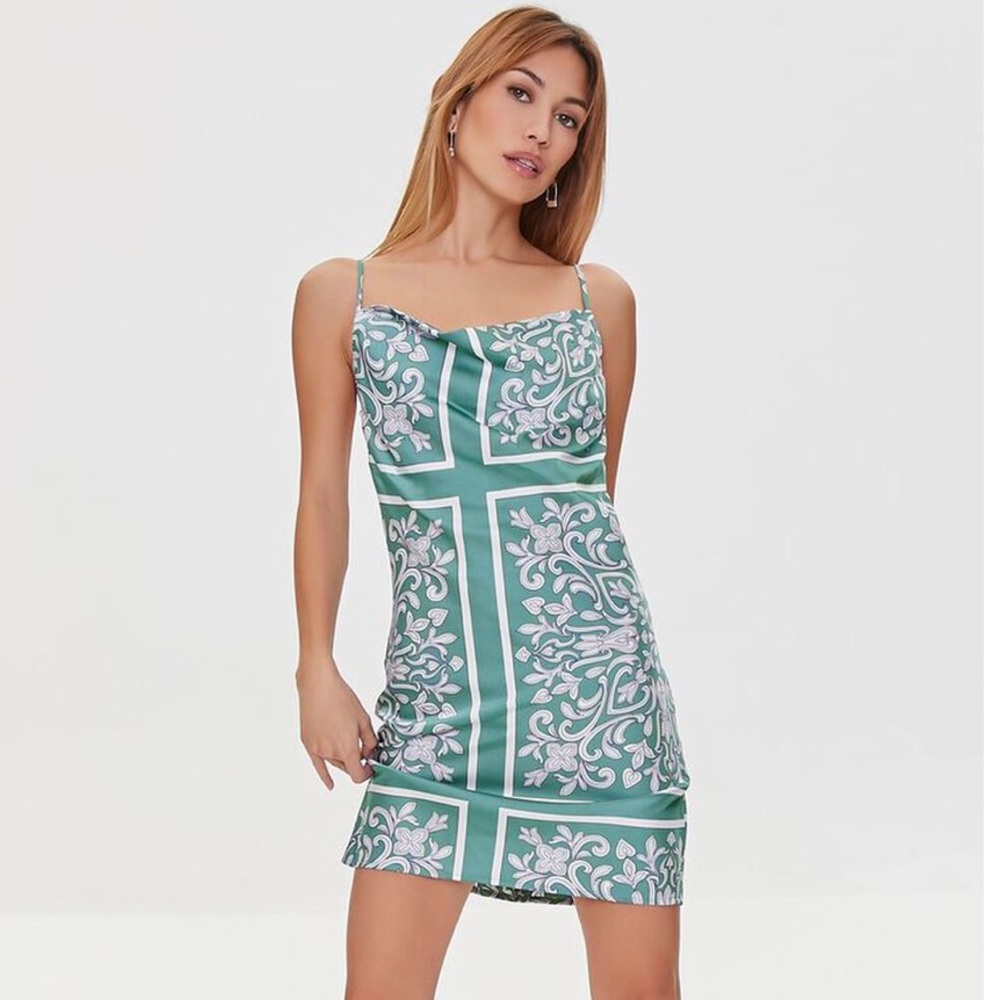 Baroque Print Satin Mini Dress